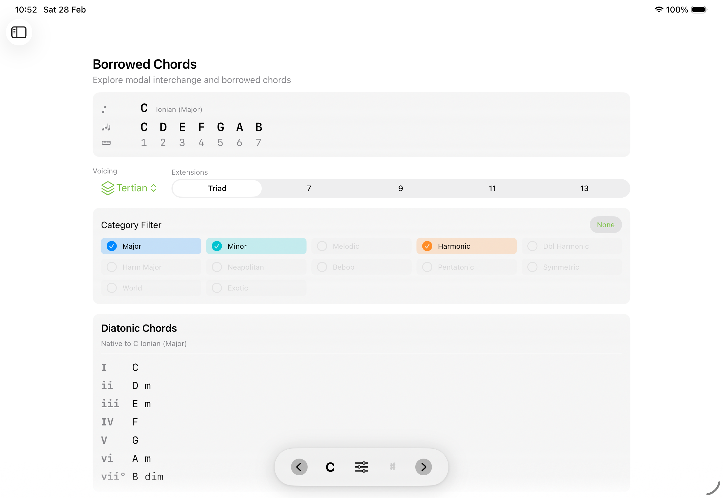Borrowed Chords screen on iPad